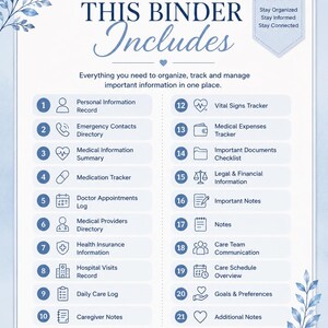 Senior care binder overview page showing all included printable planner pages, caregiving tools, and organization features.