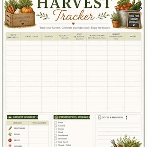 Harvest tracker printable worksheet for recording harvest dates, crop yields and seasonal production.