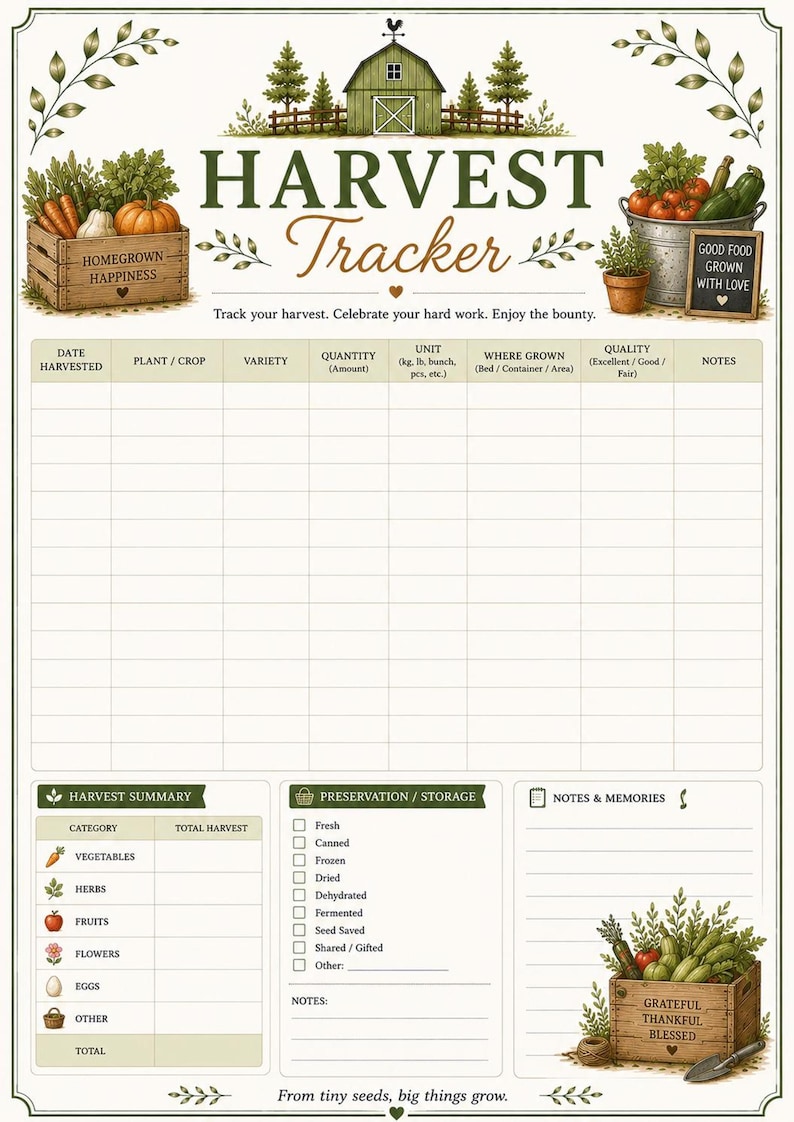 Harvest tracker printable worksheet for recording harvest dates, crop yields and seasonal production.