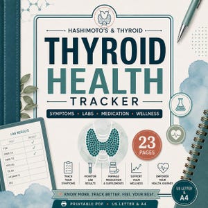 Op de afbeelding: Een printbare Hashimoto en Schildklier Gezondheidstracker PDF met 23 pagina's. De omslag bevat een schildklierpictogram, labels voor symptomen, labs, medicatie en welzijn, een tabel voor labresultaten en iconen voor het bijhouden van de gezondheid.