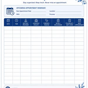 Doctor appointments log printable page for tracking medical visits, specialists, appointment dates, and follow-up care.