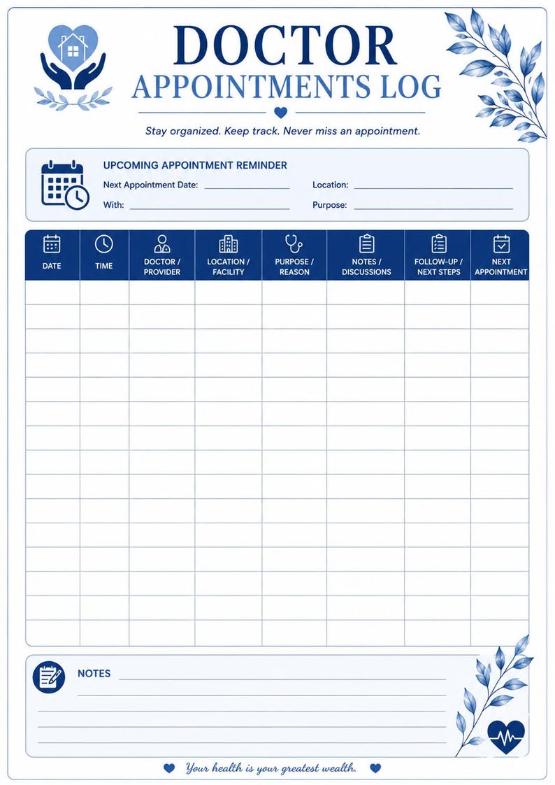 Doctor appointments log printable page for tracking medical visits, specialists, appointment dates, and follow-up care.