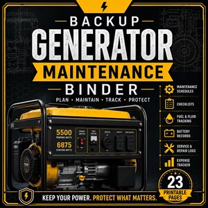 May include: A backup generator maintenance binder featuring a yellow and black portable generator with 5500 running watts and 6875 starting watts. The graphic includes text for maintenance schedules, checklists, fuel tracking, and 23 printable pages.