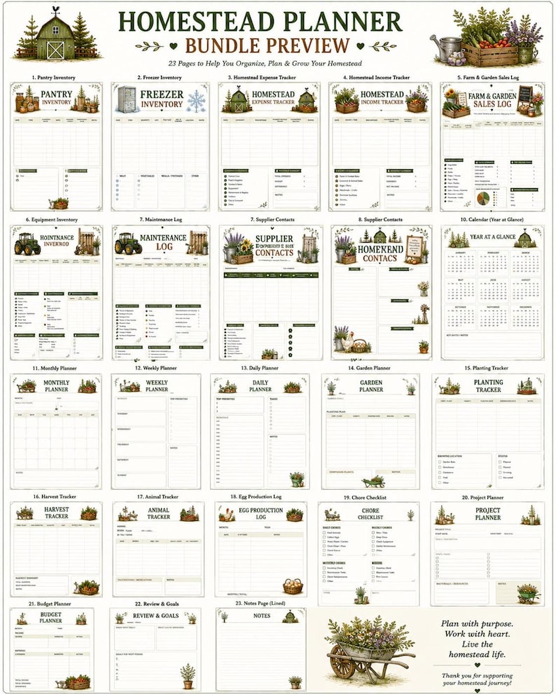 Bundle preview of the Homestead Planner Binder printable showing all planner pages included in the digital download.