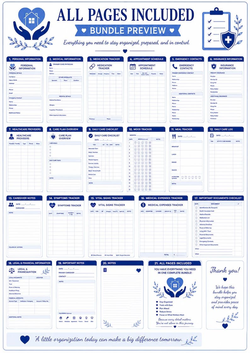 Bundle preview displaying all printable Senior Care Binder pages included in the PDF download.