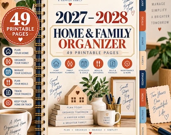2027 2028 Home Planner Printable, Family Organizer, Home Management Planner, Household Planner, 49 Pages