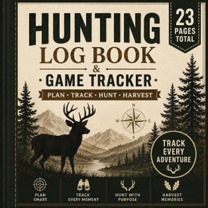Puede incluir: Un libro de registro de caza y rastreador de presas con cubierta color crema, ilustrado con un ciervo, montañas y pinos negros. El texto dice Hunting Log Book & Game Tracker, 23 Pages Total, Plan Track Hunt Harvest y Track Every Adventure.