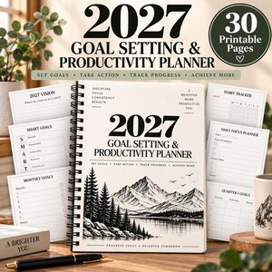 2027 Goal Setting Planner Printable, Black and White PDF, Habit Tracker for Quarterly Planning