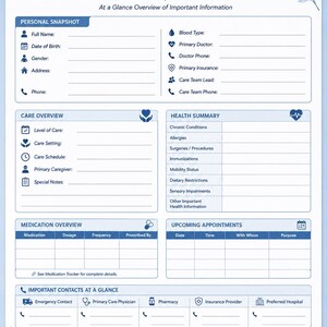 Senior care dashboard printable page for organizing health information, appointments, medications, and daily care planning.
