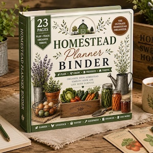 Homestead Planner Binder mockup displayed on a rustic farmhouse desk with a realistic printable binder, gardening notebook, coffee mug, seed packets, fresh vegetables, herbs, and homestead accessories for organizing garden, pantry, livestock, finances, equipment, and home management.