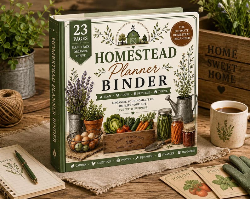 Homestead Planner Binder mockup displayed on a rustic farmhouse desk with a realistic printable binder, gardening notebook, coffee mug, seed packets, fresh vegetables, herbs, and homestead accessories for organizing garden, pantry, livestock, finances, equipment, and home management.
