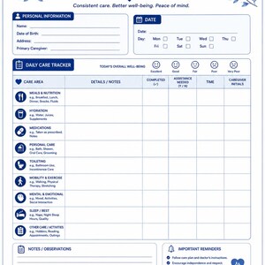 Daily care log printable page for recording caregiving tasks, daily routines, health observations, and caregiver notes.