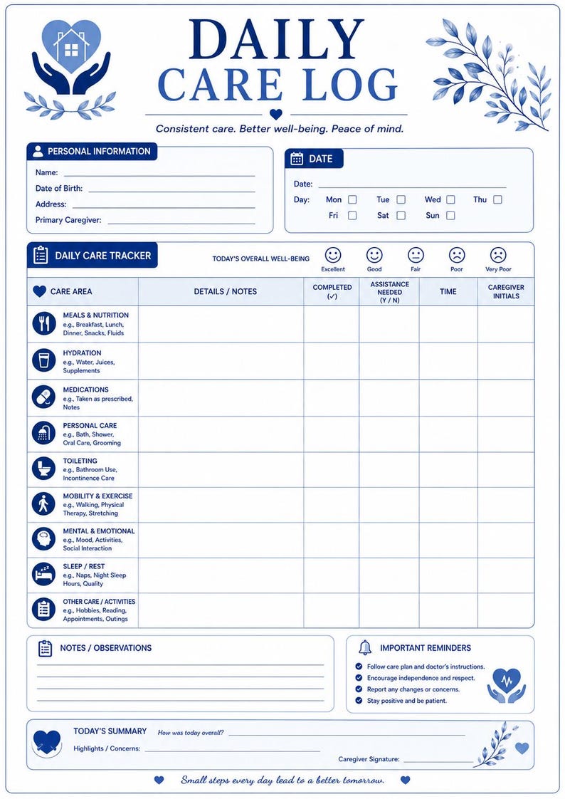 Daily care log printable page for recording caregiving tasks, daily routines, health observations, and caregiver notes.