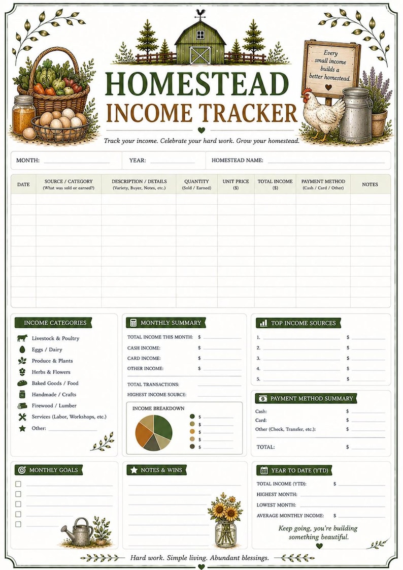 Homestead income tracker printable page for recording farm income, homestead earnings, product sales and financial records.