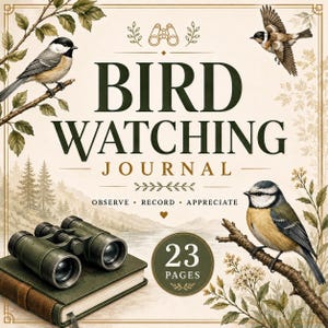 May include: A bird watching journal with a cream cover featuring dark green text that reads BIRD WATCHING JOURNAL, OBSERVE RECORD APPRECIATE, and 23 PAGES. The design includes illustrations of three birds, tree branches, and binoculars.