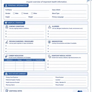 Medical information summary printable page for recording diagnoses, allergies, medications, insurance, and emergency medical details.