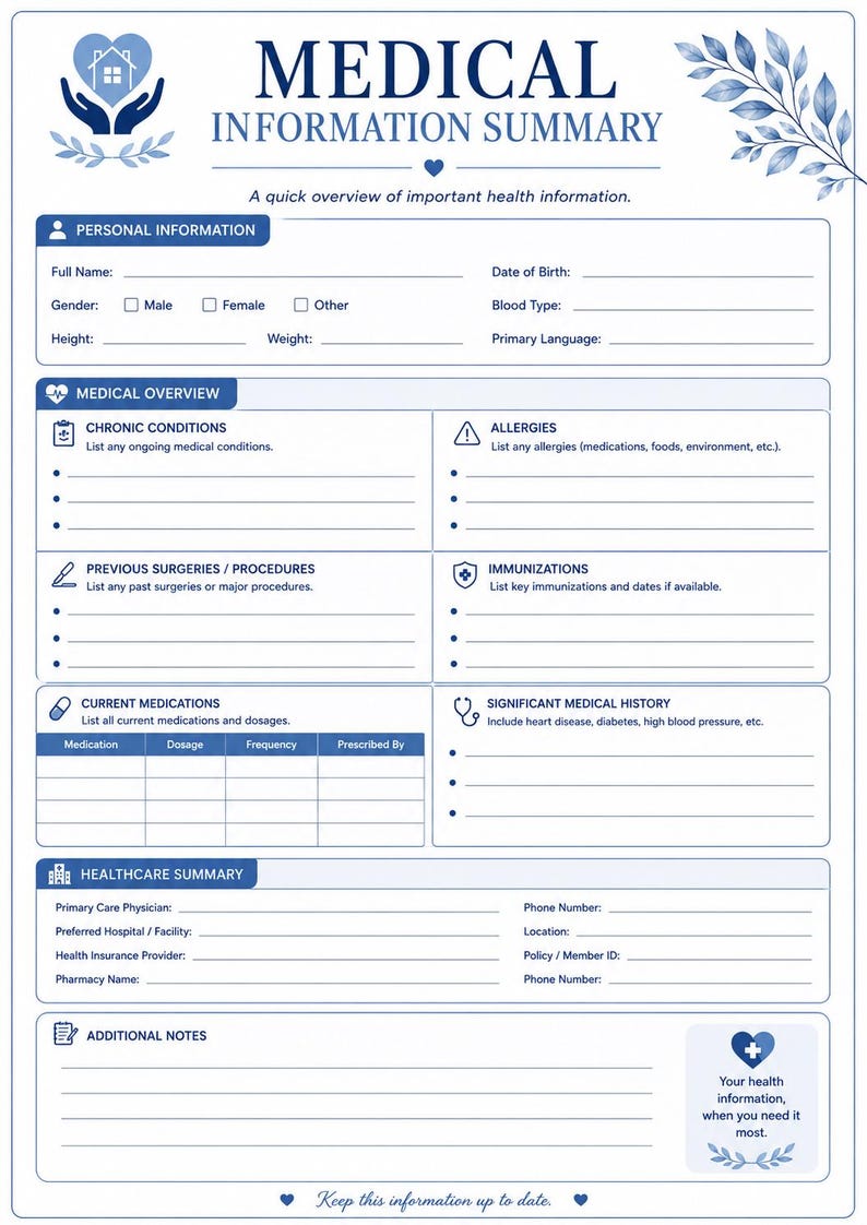 Medical information summary printable page for recording diagnoses, allergies, medications, insurance, and emergency medical details.