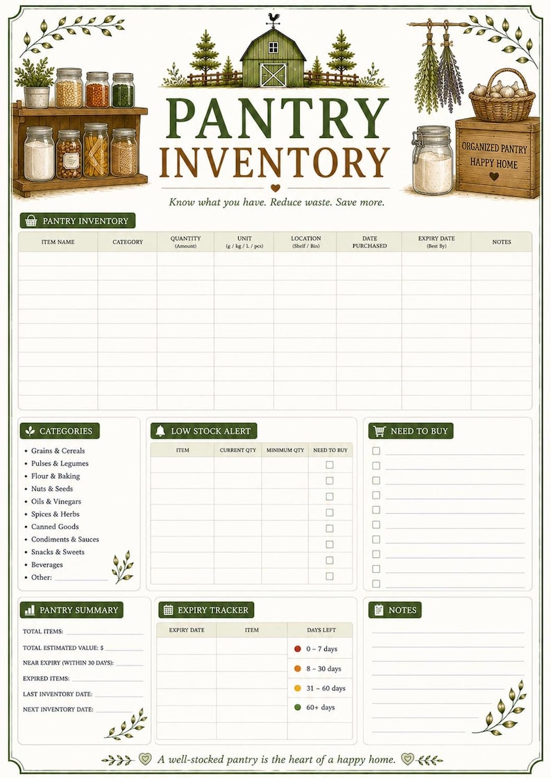 Pantry inventory printable page for organizing food storage, supplies and pantry stock levels.