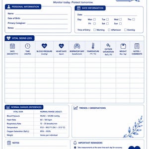Vital signs tracker printable page for monitoring blood pressure, pulse, temperature, weight, blood sugar, and other health measurements.