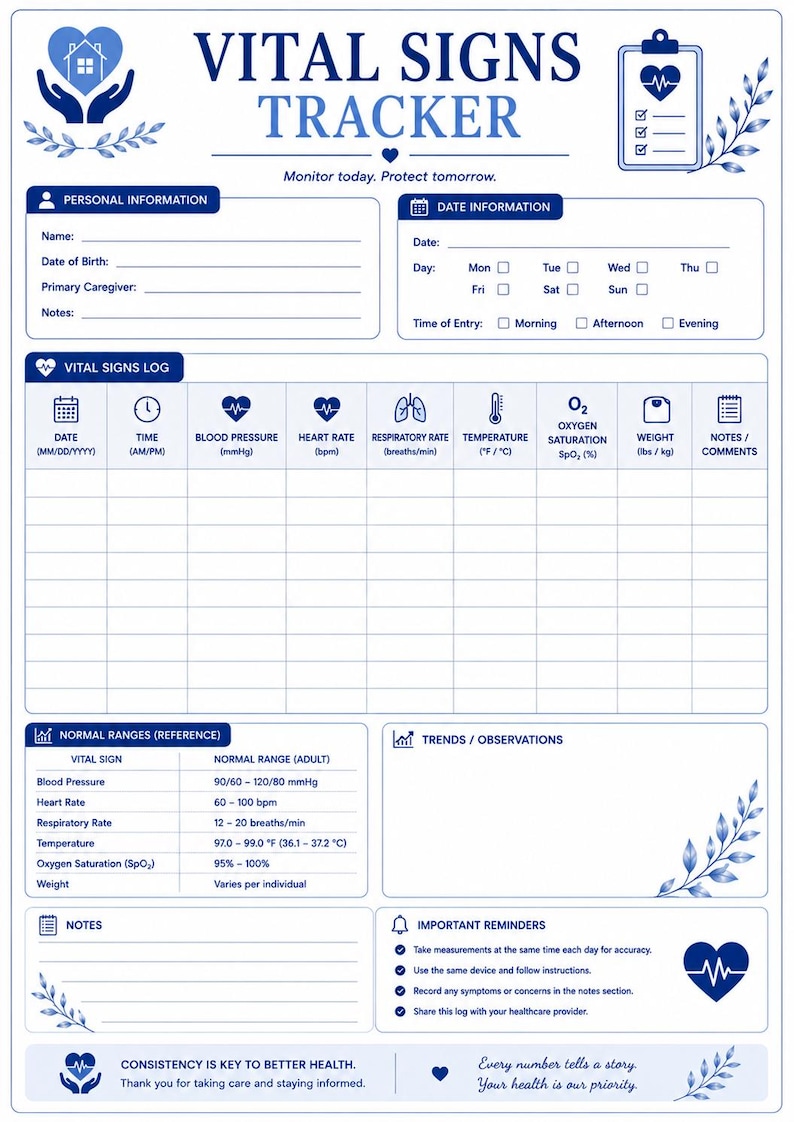 Vital signs tracker printable page for monitoring blood pressure, pulse, temperature, weight, blood sugar, and other health measurements.