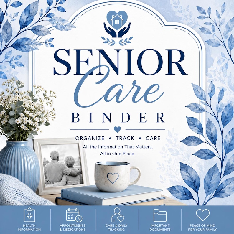 Senior Care Binder Printable cover featuring a senior care planner, caregiver organizer, medical information binder, and elder care management system. Video