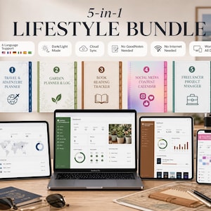 May include: A 5-in-1 lifestyle bundle digital planner set displayed on a laptop, tablet, and smartphone. The bundle includes a travel planner, garden log, book tracker, social media calendar, and project manager, featuring icons and text labels.