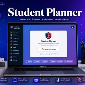 May include: A laptop displaying the IronTools Student Planner login screen with a Google sign-in option. The interface features a sidebar with icons for dashboard, schedule, assignments, grades, and AI assistant, set against a purple background.