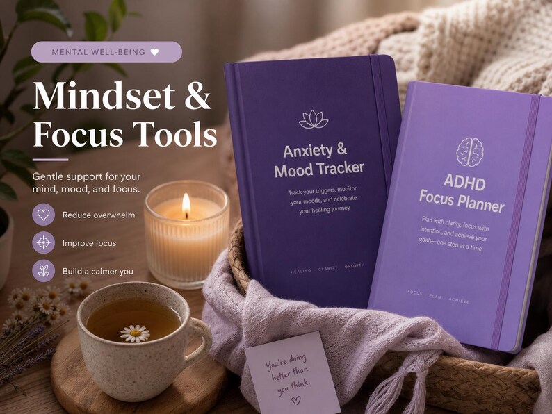 May include: Two hardcover journals in shades of purple, one labeled Anxiety & Mood Tracker and the other ADHD Focus Planner, featuring white text and line art icons. The journals are placed in a woven basket with a soft fabric.