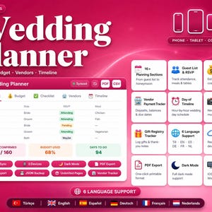 Könnte beinhalten: Eine digitale Hochzeitsplaner-Oberfläche auf magentafarbenem Hintergrund mit einer Gästeliste, einem Budget-Tracker und einem Zeitplan. Die Anzeige enthält Symbole für die Kompatibilität mit Telefon, Tablet und Computer sowie Textbeschriftungen für Planungsabschnitte und Synchronisierungsfunktionen.