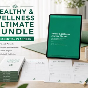May include: A Healthy & Wellness Ultimate Bundle featuring a tablet displaying a Fitness & Wellness Journey Planner, a stack of seven planners, and three loose-leaf sheets titled Workout Log, Daily Nutrition, and Weekly Overview with green accents.