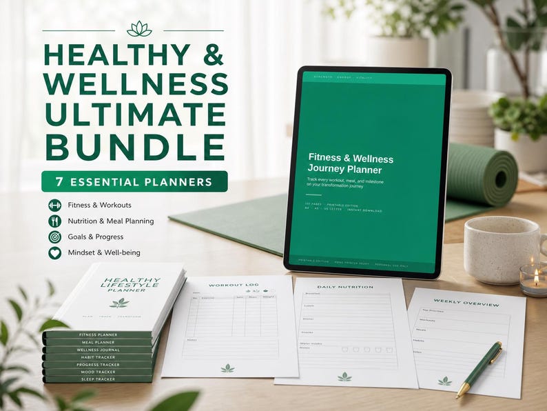 May include: A Healthy & Wellness Ultimate Bundle featuring a tablet displaying a Fitness & Wellness Journey Planner, a stack of seven planners, and three loose-leaf sheets titled Workout Log, Daily Nutrition, and Weekly Overview with green accents.