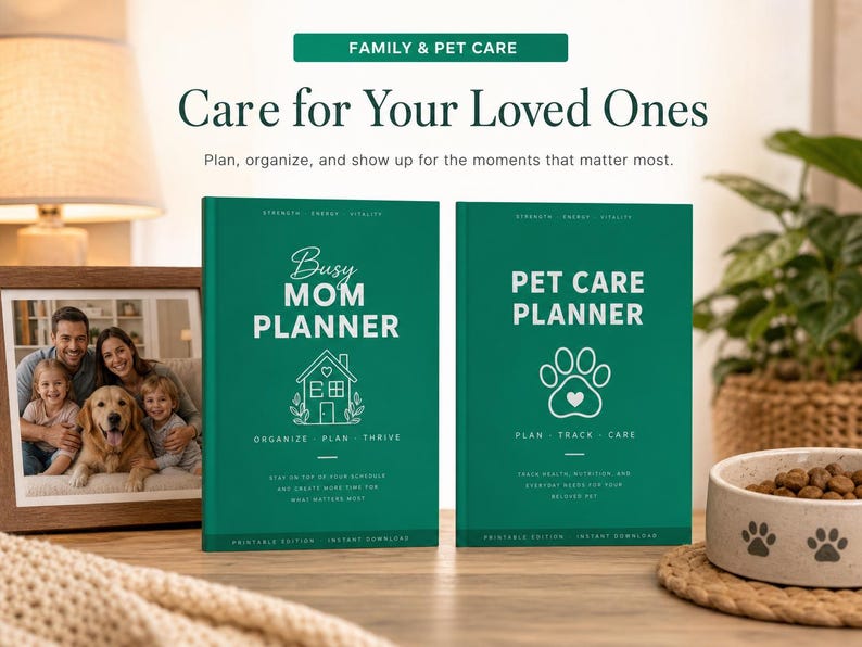 May include: Two dark green planners with white text. The left planner is titled Busy Mom Planner with a house icon. The right planner is titled Pet Care Planner with a paw print icon. Both feature the words Strength, Energy, Vitality at the top.
