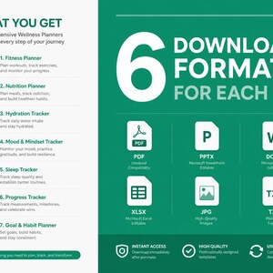 May include: A digital infographic titled WHAT YOU GET listing seven wellness planners including fitness, nutrition, hydration, mood, sleep, progress, and goal trackers. The right side displays 6 DOWNLOAD FORMATS FOR EACH, showing PDF, PPTX, DOCX, XLSX, JPG, and TXT icons.