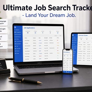 Peut inclure: Un outil numérique de suivi de recherche d'emploi affiché sur un ordinateur portable, une tablette et un smartphone. L'écran présente des tableaux de candidatures et d'entretiens. Un porte-cartes noir avec le texte CAREER SUCCESS et un stylo noir.
