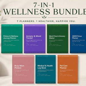 May include: A 7-in-1 wellness bundle featuring seven planners with solid colored covers in teal, purple, dark green, blue, dusty rose, dark teal, and orange. Each planner displays a white title and descriptive text on the front cover.