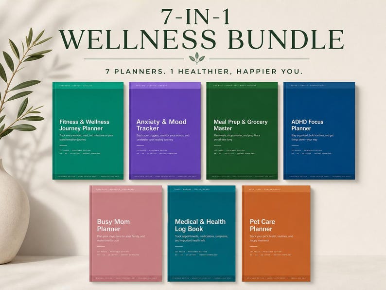 May include: A 7-in-1 wellness bundle featuring seven planners with solid colored covers in teal, purple, dark green, blue, dusty rose, dark teal, and orange. Each planner displays a white title and descriptive text on the front cover.