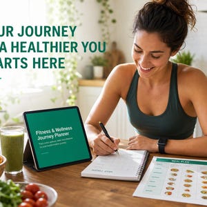 May include: A digital tablet displaying the text Fitness & Wellness Journey Planner, a spiral-bound notebook, and a printed meal plan sheet. The tablet screen also features the text: Track every workout, meal, and milestone on your transformation journey.