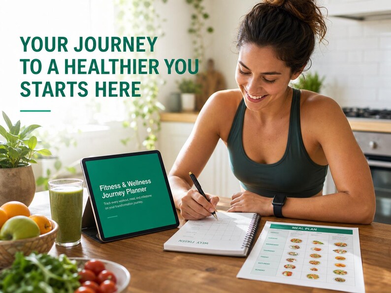 May include: A digital tablet displaying the text Fitness & Wellness Journey Planner, a spiral-bound notebook, and a printed meal plan sheet. The tablet screen also features the text: Track every workout, meal, and milestone on your transformation journey.