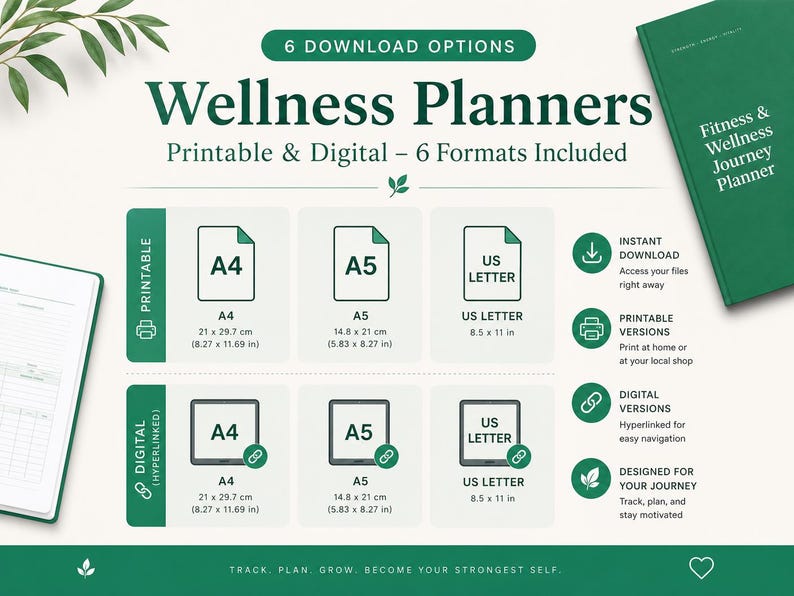 May include: A digital wellness planner set featuring six download options in A4, A5, and US Letter sizes. The graphic displays printable and hyperlinked digital formats with dimensions of 21 x 29.7 cm, 14.8 x 21 cm, and 8.5 x 11 inches, alongside a green planner cover.