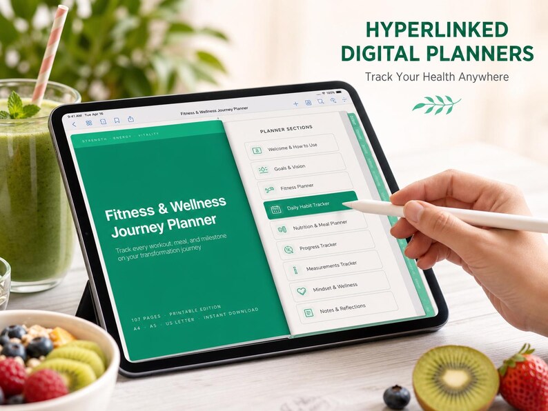 May include: A digital tablet displaying a Fitness & Wellness Journey Planner with a green interface. The screen shows sections for goals, fitness, habits, nutrition, progress, measurements, and mindset. Text includes Hyperlinked Digital Planners.