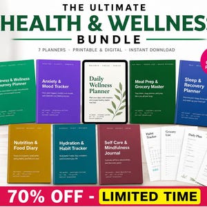 May include: A digital and printable health and wellness bundle featuring seven planners including a fitness journey planner, mood tracker, daily wellness planner, meal prep master, sleep recovery planner, food diary, and a self-care mindfulness journal.