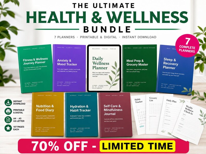 May include: A digital and printable health and wellness bundle featuring seven planners including a fitness journey planner, mood tracker, daily wellness planner, meal prep master, sleep recovery planner, food diary, and a self-care mindfulness journal.