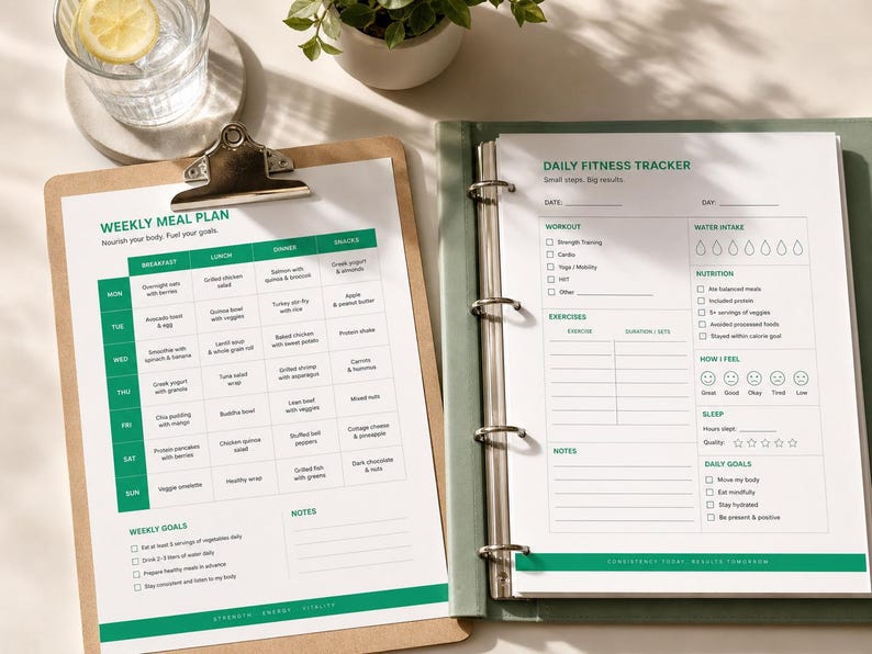 May include: A brown wooden clipboard holding a Weekly Meal Plan sheet and a green binder containing a Daily Fitness Tracker page. The meal plan features a grid for daily meals and goals. The fitness tracker includes sections for workouts, water intake, nutrition, sleep, and daily goals.