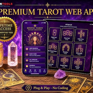May include: A digital display showing a premium tarot web app on a smartphone and tablet. The screen features a purple interface with gold text, tarot card spread options, and navigation icons. The app is titled Mystic Tarot with a moon graphic.