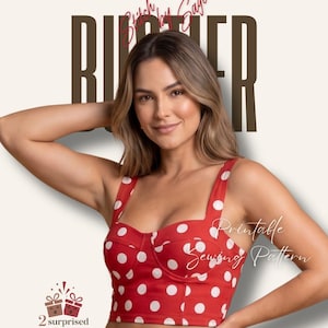 May include: A red crop top with white polka dots, featuring a sweetheart neckline and thick shoulder straps. The text reads DESIGNED BY SAGE, Stitch by Sage, Printable Sewing Pattern, and 2 surprised GIFT ATTACHED.
