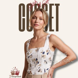 Könnte beinhalten: Ein weißes ärmelloses Korsett-Top mit braunem und marineblauem Blumenmuster, eckigem Ausschnitt und vertikalen Nahtdetails. Der Text DESIGNED BY SAGE, STITCH BY SAGE, CORSET und PRINTABLE SEWING PATTERN ist auf dem Bild zu sehen.