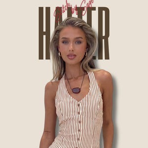 Sewing Pattern PDF + Printable - Mocha Stripe Seersucker Halter Top | V-Neck Button Front Sewing Pattern XS-XXL