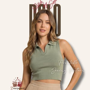 Sewing Pattern PDF Sleeveless Polo Crop Top, Johnny Collar V Neck Knit Pattern, Preppy Tennis Crop Top, XS-XXL Instant Digital Download