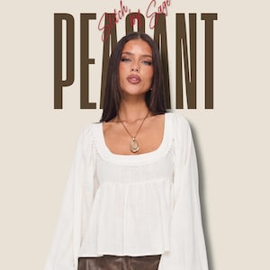 May include: A printable PDF sewing pattern for a white peasant blouse with long, voluminous sleeves, a square neckline, and delicate lace trim. The text reads PRINTABLE PDF SEWING PATTERN, Stitch by Sage, and PEASANT in large brown letters.