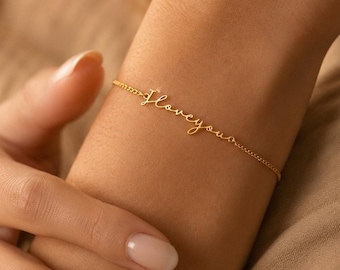 Pulsera con nombre personalizada, pulsera con nombre chapada en oro de 18 quilates, pulsera con nombre personalizado, pulsera ajustable, regalo de cumpleaños para ella, regalo para mamá.